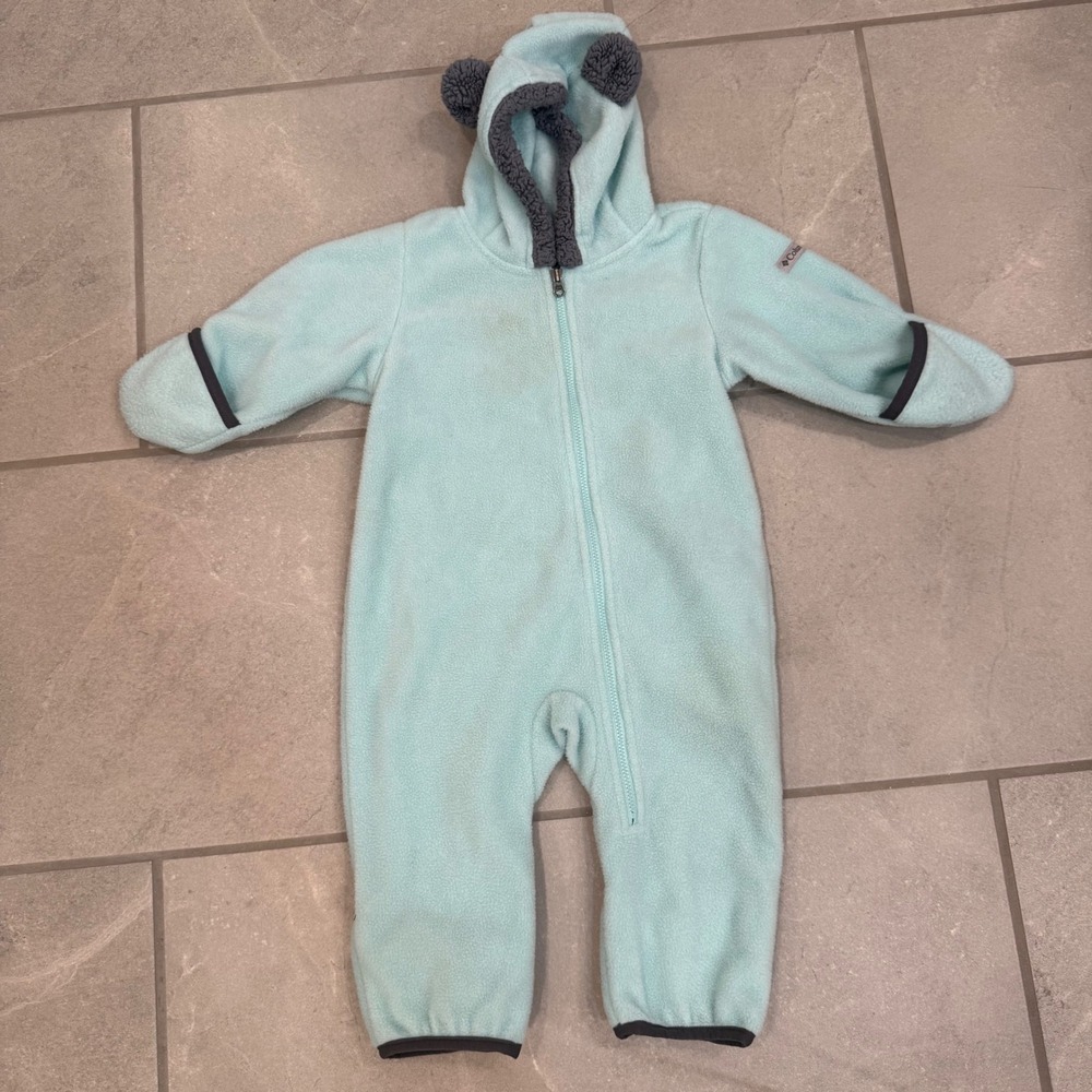 Columbia Tiny Bear II Fleece Bunting Light Blue Hooded Suit 6-12 Months